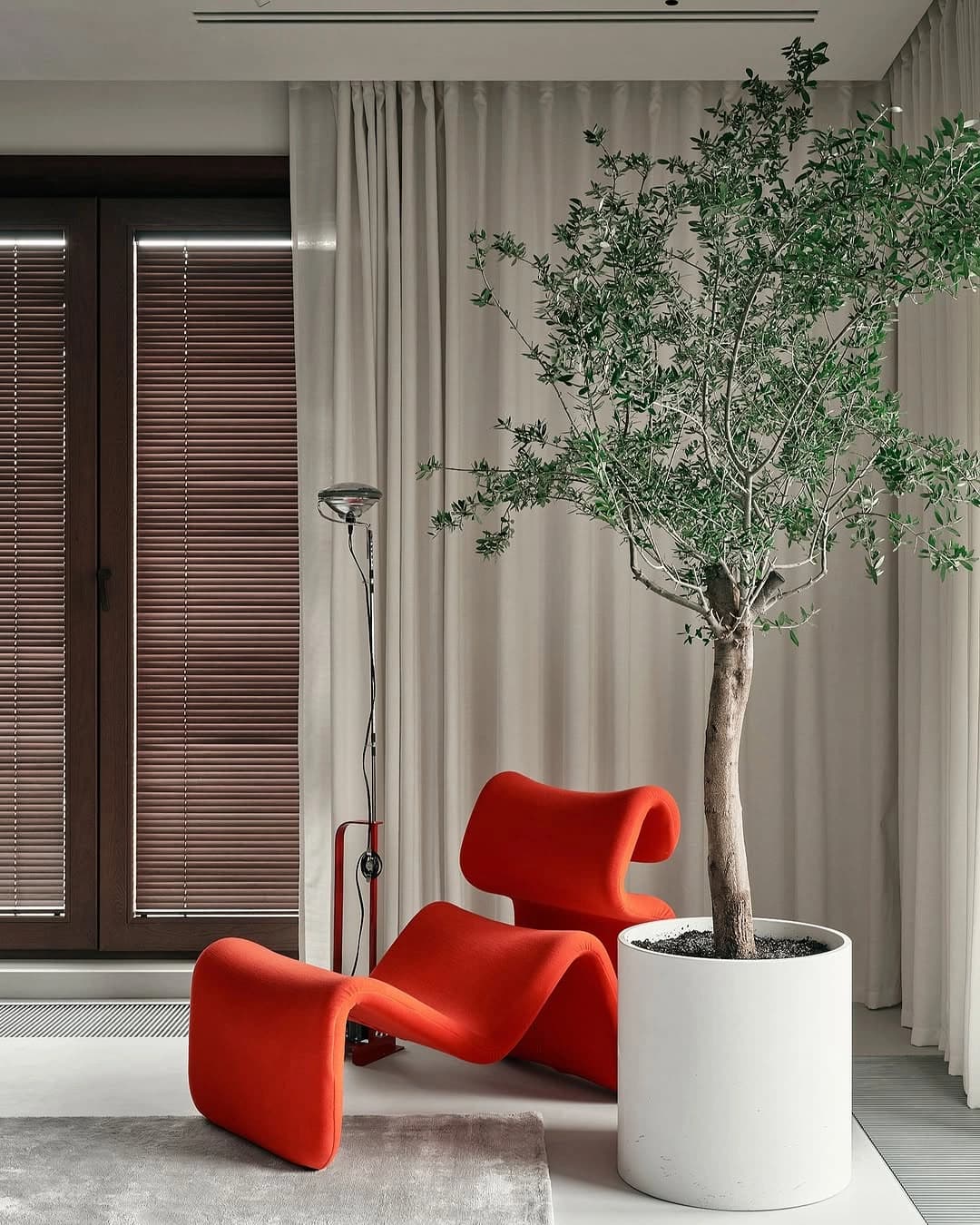 Poltronas vermelhas ao lado de uma árvore em vaso e cortinas claras.