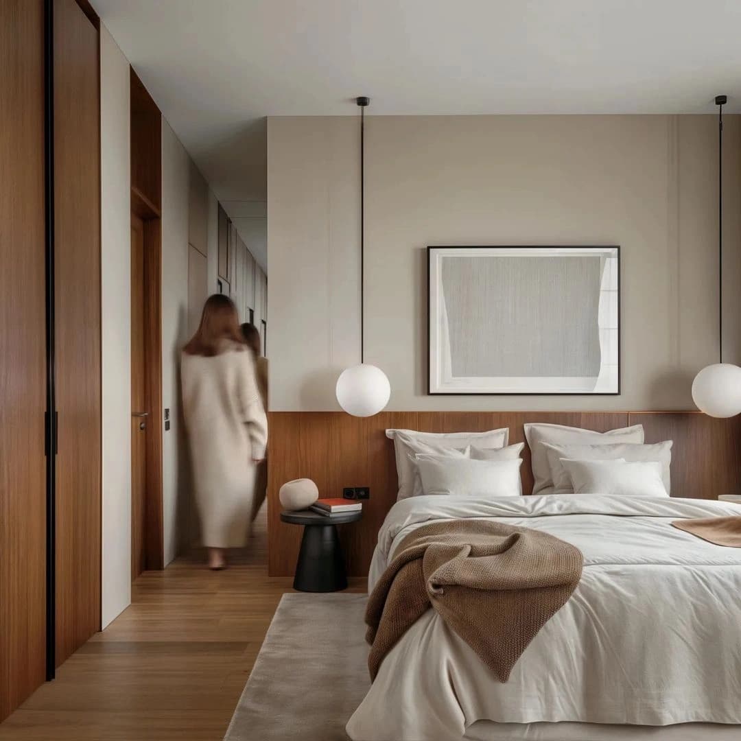 Quarto com cabeceira de madeira, roupa de cama clara e luminárias esféricas.
