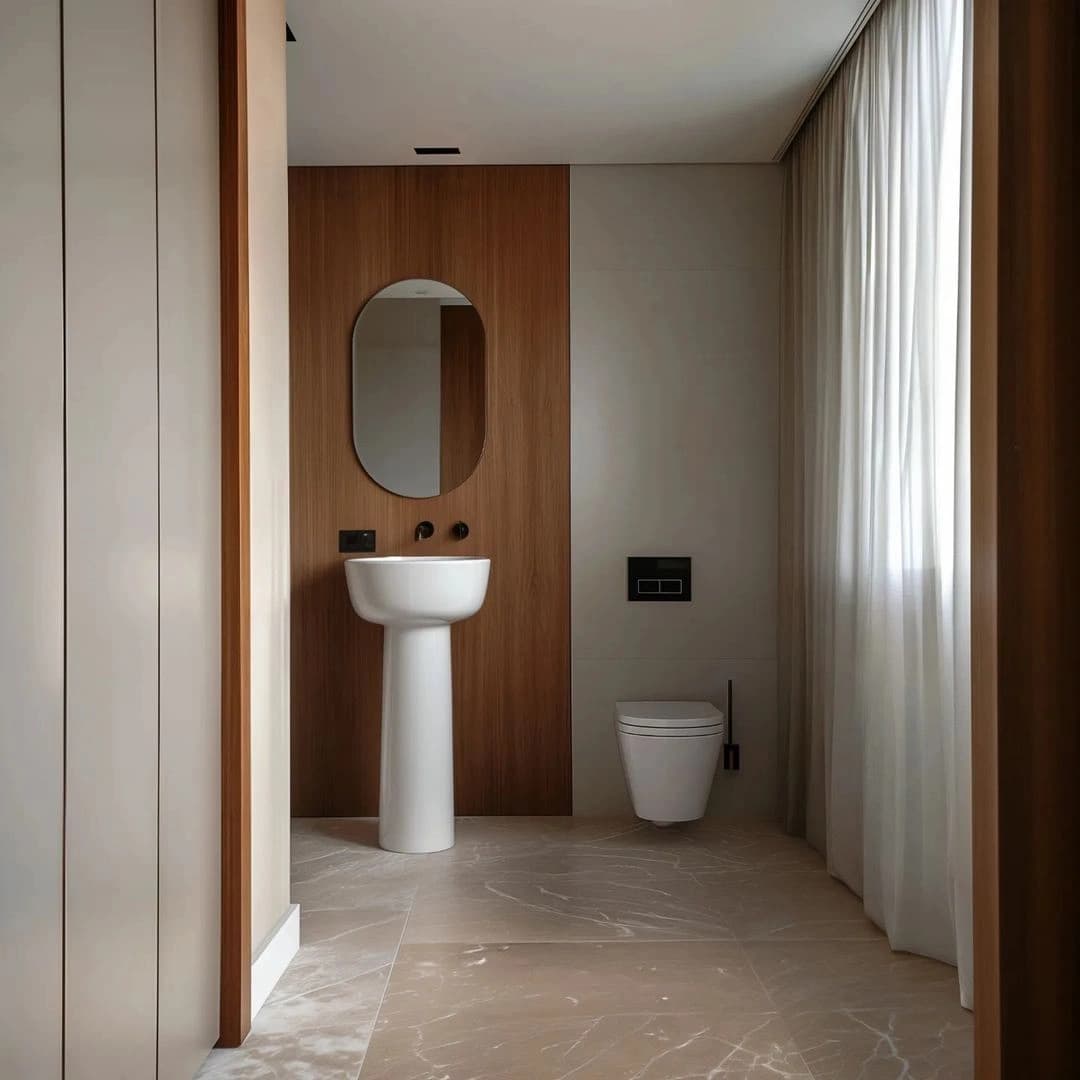 Lavabo com cuba de apoio, espelho oval e iluminação natural.