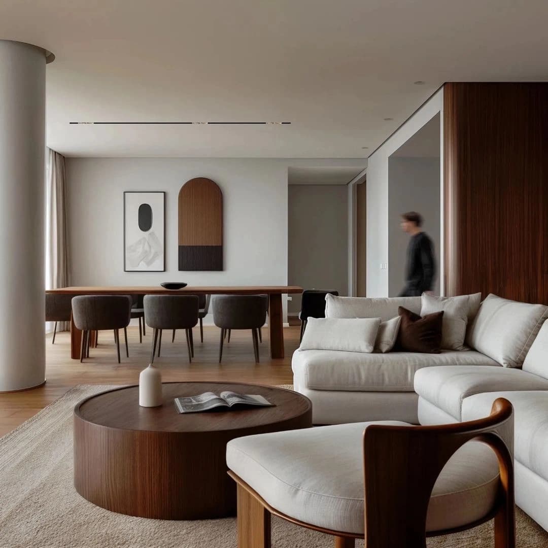 Apartamento Lina: estar e jantar integrados com sofás claros e painéis de madeira.