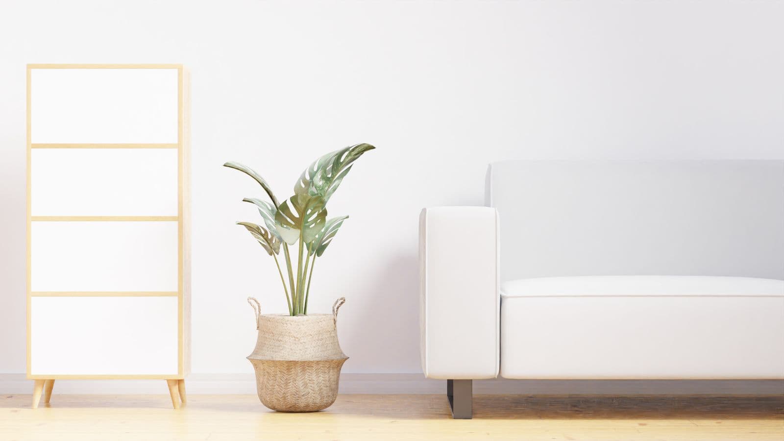 Detalhes de um interior com sofá, madeira e vegetação, em preto e branco.