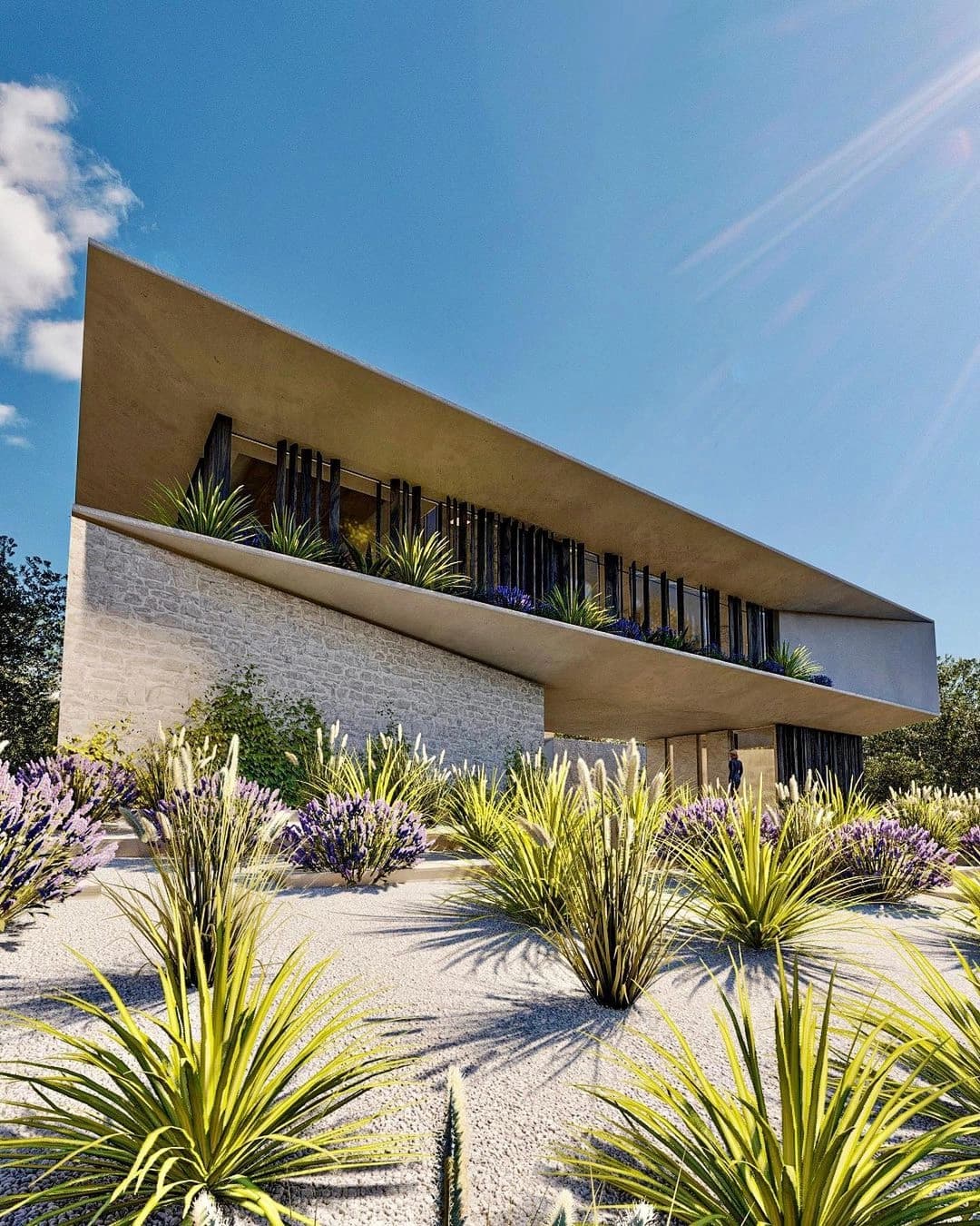 Fachada de linhas horizontais com jardim e varanda no pavimento superior.